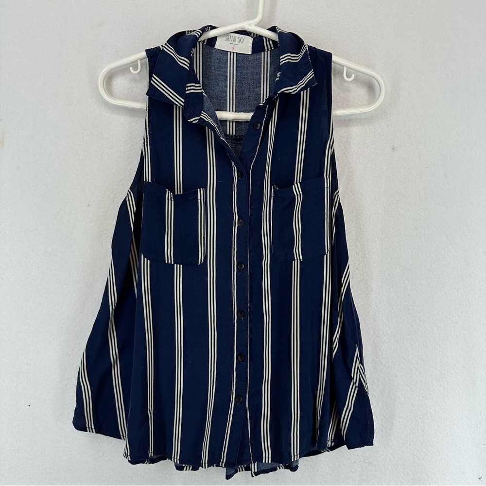 Sienna Sky Sleeveless Collar Button Up Blouse Striped S Blue